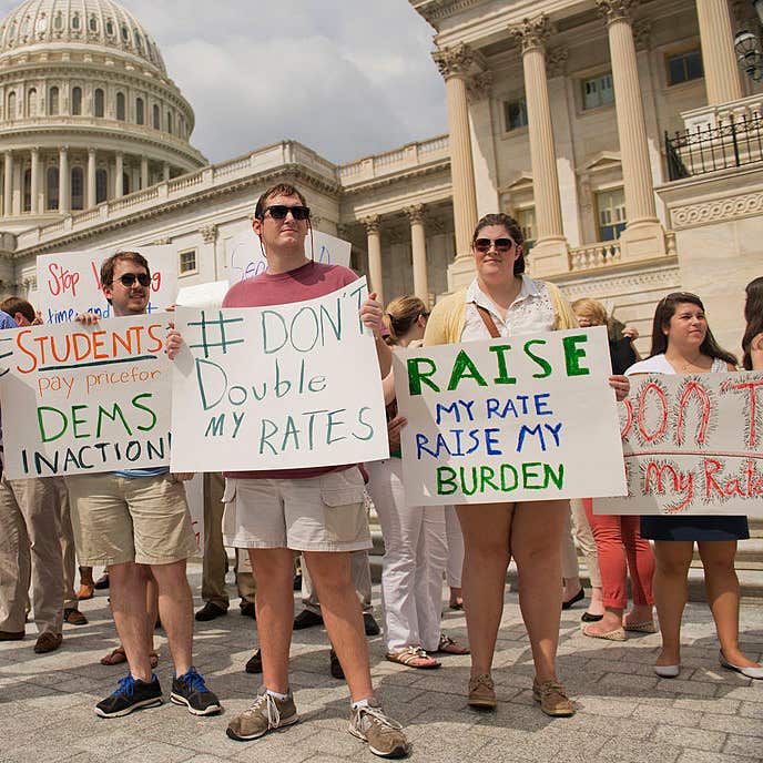 Interns from around the city protest near the Senate steps to urge the Senate to act on a House passed bill, Smarter Solutions for Students Act, which would prevent student loan interest rates from doubling.